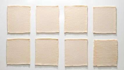 Flat-lay of handmade noodle dough sheets arranged evenly on a polished white background