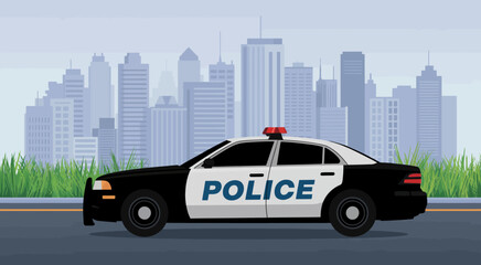 An illustration featuring a police car parked against a stylized urban city skyline backdrop, representing law enforcement and safety in a modern setting. © Jiang