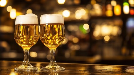 hangout. Two beer glasses on a wooden bar counter with warm lighting and a blurred tavern background. bar promotions, beverage menus, designed for food & beverage menus and cafe branding.