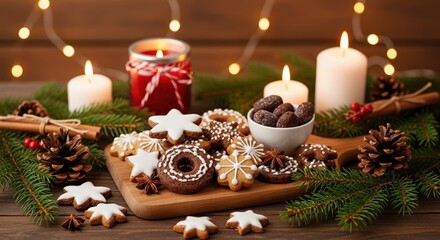 A festive Christmas still life with assorted cookies, lit candles, pine branches, and cinnamon sticks on a wooden background.