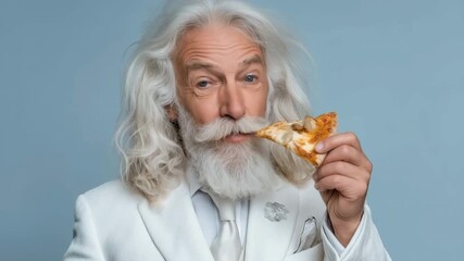 Unusual man in a white suit with a joyful face, long white hair, and a slice of pizza