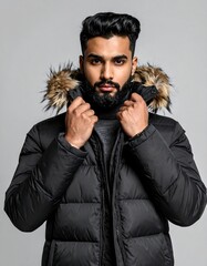 Man with dark hair and beard poses in a black winter jacket with fur hood against gray backdrop