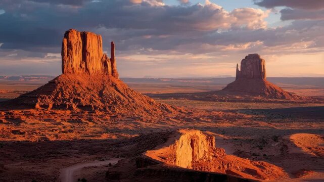 Explore stunning desert landscapes featuring towering rock formations and dramatic cloud-filled skies during sunset in Monument Valley, Utah