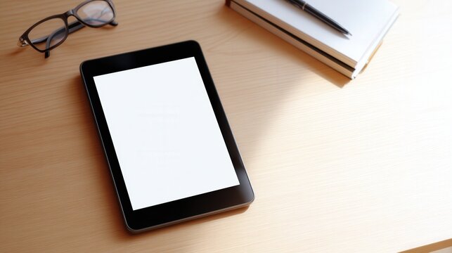 Tablet mock up with blank screen placed on wooden desk beside glasses and notebook, showcasing modern technology and workspace design for digital content creation