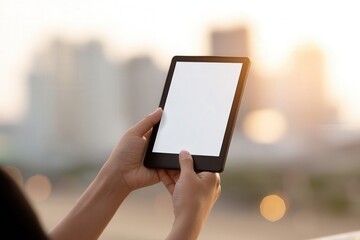 Hands holding a ebook tablet device with a blank screen against a blurred cityscape background, showcasing modern technology and digital reading concept with copy space