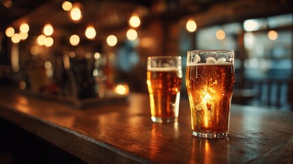 hangout. Two beer glasses on a wooden bar counter with warm lighting and a blurred tavern background. bar promotions, beverage menus, designed for food & beverage menus and cafe branding.