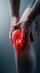 Close-up of a person holding their knee in pain, highlighted glowing red inflammation around the joint, realistic medical-style lighting, sharp detail, dramatic contrast, neutral background.