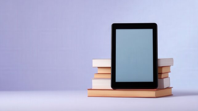 Ebook device positioned on a stack of books against a soft purple background, symbolizing the blend of technology and literature in modern reading experiences