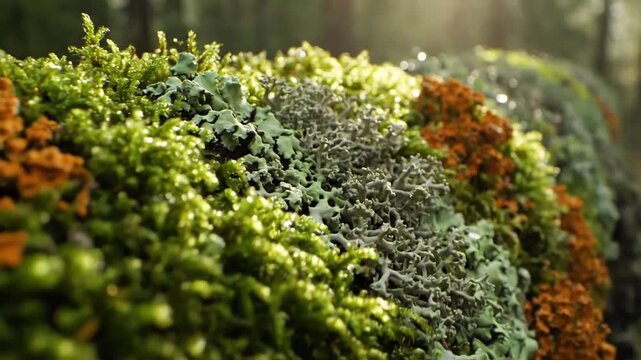 Macro perspective of vibrant green and orange lichen colonies thriving on ancient, weathered rock surfaces in a damp forest environment. Close up, detailed observation of natural resilience and?