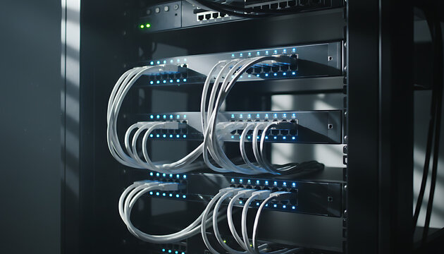 Network switch and network cables in modern server room data center, Data Center / Network Technology