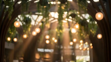 Blurred Interior with Lights and Greenery