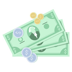 Isolated flat lay vector illustration of money (bank notes and coins)