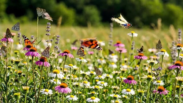 Macro perspective on a vibrant butterfly's delicate wing patterns and proboscis as it gently sips nectar from a wild blooming flower, showcasing intricate details.