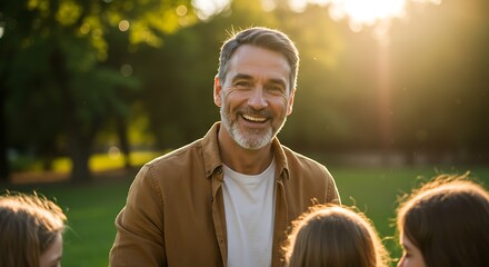 Man, with grey hair, smiles warmly in a park. Sunlight bathes him, children blur in foreground