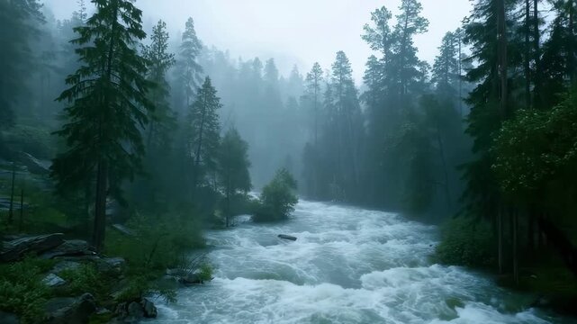 Dramatic zoom of a river rushing through a misty forest landscape during early morning hours in a tranquil natural setting