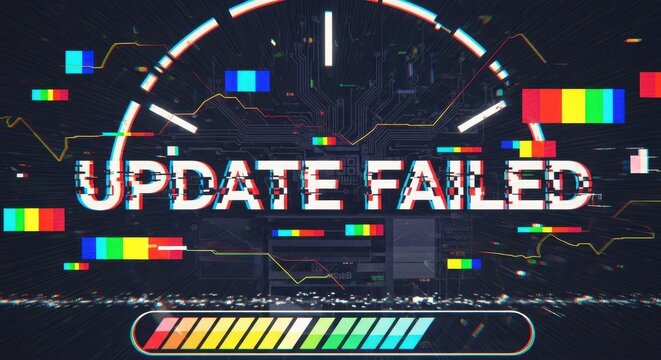 Glitchy update error screen display with multicolored elements and failure message