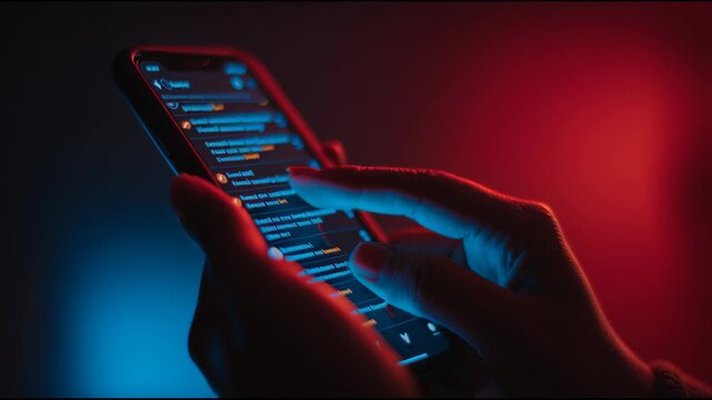 Hand scrolling social media feed on smartphone screen with blue and red digital lighting creating focused modern mobile technology atmosphere