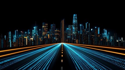 Fototapeta premium The image depicts a futuristic glowing highway leading towards a dark urban cityscape skyline, featuring various skyscrapers illuminated with blue and orange lights on a dark background.