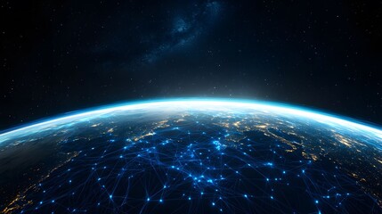 Obraz premium The image shows a breathtaking view of Earth from space with a glowing atmosphere, city lights, and blue network connections highlighting a futuristic, globalized world.