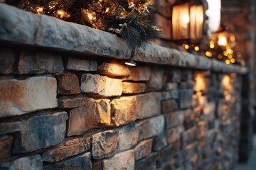 Illuminated Stone Wall with Festive Holiday Decorations.