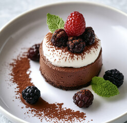 Chocolate Mousse Tart with Whipped Cream, Fresh Berries, and Cocoa Dusting
