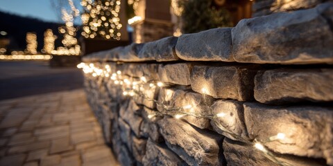 Illuminated Stone Wall - A Warm and Inviting Outdoor Ambiance.
