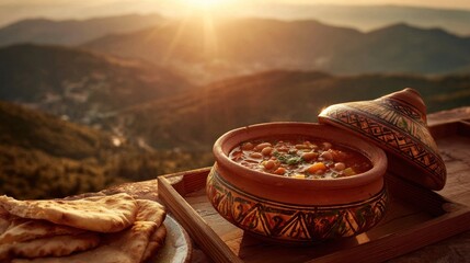 Hearty Bean Stew with Flatbread Amidst Majestic Mountain Scenery.