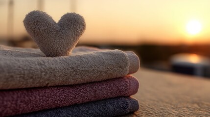 Heartfelt Serenity - Stacked Towels with Heart Against a Golden Sunset.