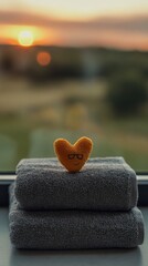 Heartfelt Serenity - A Cozy Still Life with Towels and Sunset.