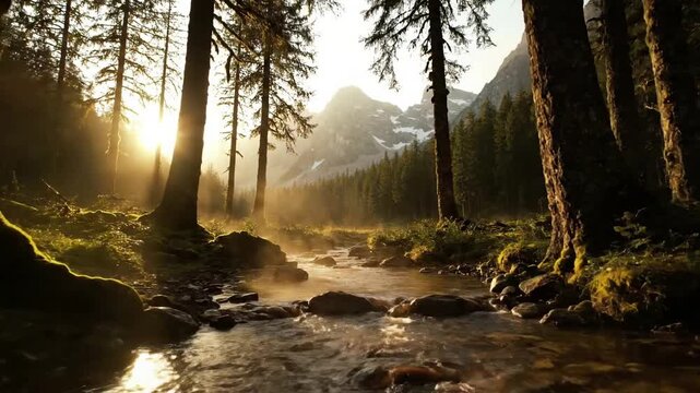 Golden light piercing through dense forest canopy, illuminating ancient trees and a meandering stream below. Capturing the magical interplay of light and shadow in a primeval forest setting.