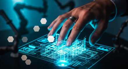 A high-tech digital interface showcases futuristic technology, illuminated with a cool blue glow. A hand interacts with it.