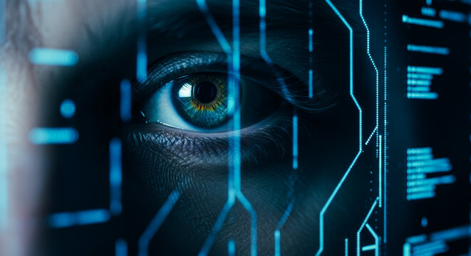 An eye is observed through the lens of technology, highlighting the integration of technology and human vision. Blue lines of code weave a futuristic design.