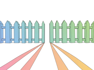 カラフルな柵のイラスト、開かれたゲートへの道、抽象的なデザイン、明るい色合いの背景