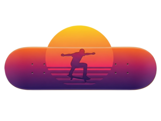 スケートボードに乗るシルエット、夕焼け色の背景が印象的なイラスト、アクションスポーツのイメージ