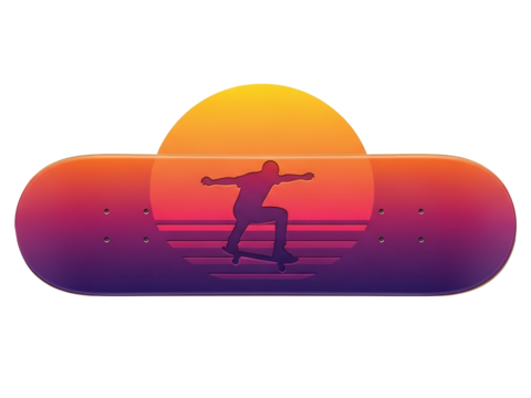 スケートボードに乗るシルエット、夕焼け色の背景が印象的なイラスト、アクションスポーツのイメージ