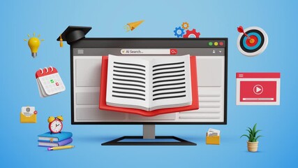 E-Learning or E-Courses Experience, Online Education, Career Growth, Internet Lessons or E-Learn, E-Class, Virtual Teaching and Ease of Knowledge. Computer with Book and Graduation Cap. 4K 3D Video