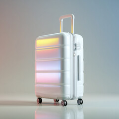 White hard shell suitcase shown at a slight angle, highlighting zippers and handle, bright modern lighting, subtle gradient reflections, photorealistic style, isolated on a clean white background.