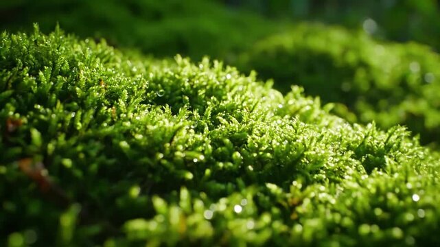 Macro exploration of vibrant green moss colonies, highlighting their intricate, velvety textures and delicate structures as light plays across the damp surface.