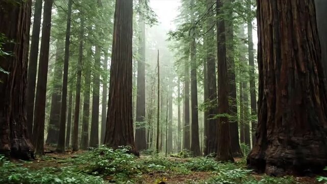 Digital deterioration of a serene natural landscape, showcasing a tranquil forest scene slowly succumbing to pixelation and visual artifacts. Wide shot of a misty forest experiencing rhythmic?