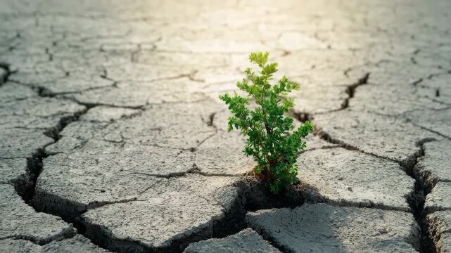Green plant emerges resiliently from cracked dry soil in a harsh environment, showcasing nature's determination to survive and thrive despite difficult conditions