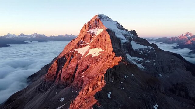 A solitary, rugged mountain summit piercing through a vast, undulating sea of pristine white clouds, bathed in the warm, golden light of dawn. Wide, cinematic drone shot with a slow, sweeping?