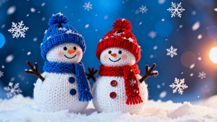 Two adorable snowmen wearing knitted hats and scarves stand together in a snowy winter landscape with falling snowflakes