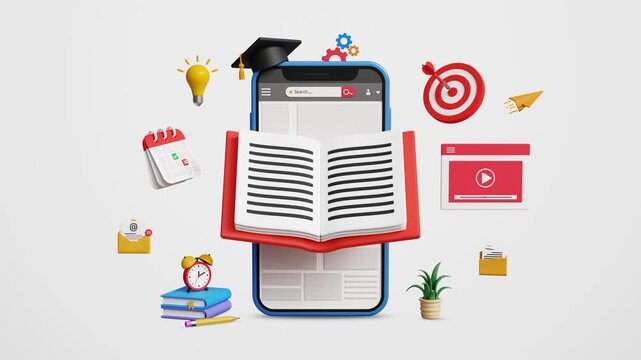 Online Education, E-Courses, Internet Education Webinar, Virtual Classroom, Remote E-Learning, Test, Knowledge Wisdom Concept. Study Online Courses on Smartphone. 4K 3D Video Animation
