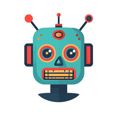 Retro Robot Head with Big Eyes and Antennas on White Background