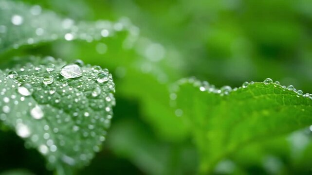 Macro view of morning dew on lush green foliage, capturing intricate details of water droplets clinging to a leaf's surface, reflecting ambient light.