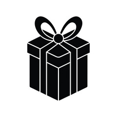Isolated black gift box icon with a decorative ribbon bow. Simple vector glyph symbolizing a surprise, present, or celebration for a special occasion