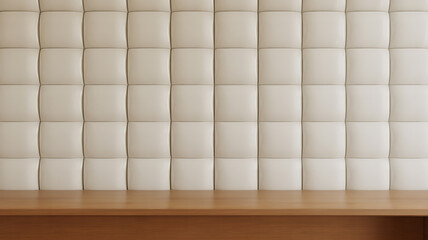 Naklejka premium Cream Padded Square Wall Texture with Wooden Shelf background beige