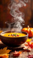 Steaming bowl of orange soup with garnish on a wooden table near fall leaves
