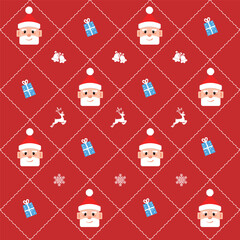 Seamless Christmas Pattern Set Featuring Cute Santa Claus Faces, Festive Reindeer, Gifts, and Red Bows in Vector Flat Design.