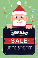 Vibrant Christmas Sale Banner Illustration with Festive , Snowflakes, and Big Discount Text - Up to 50% Off Promotion Graphic.